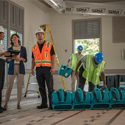 ServiceMaster Restore franchise team and field crew preparing equipment in a branded warehouse